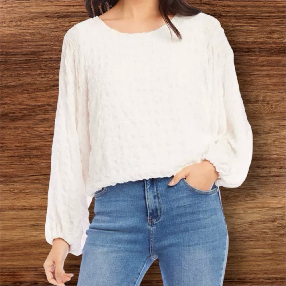 Karen Kane Lantern Sleeve Blouse Top Sz S Women Loose Cropped‎ White Textured